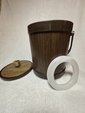 Vintage ‘60s KROMEX Atapco Ice Bucket & RARE Ice Ring - Faux Wood w/Gold Trim